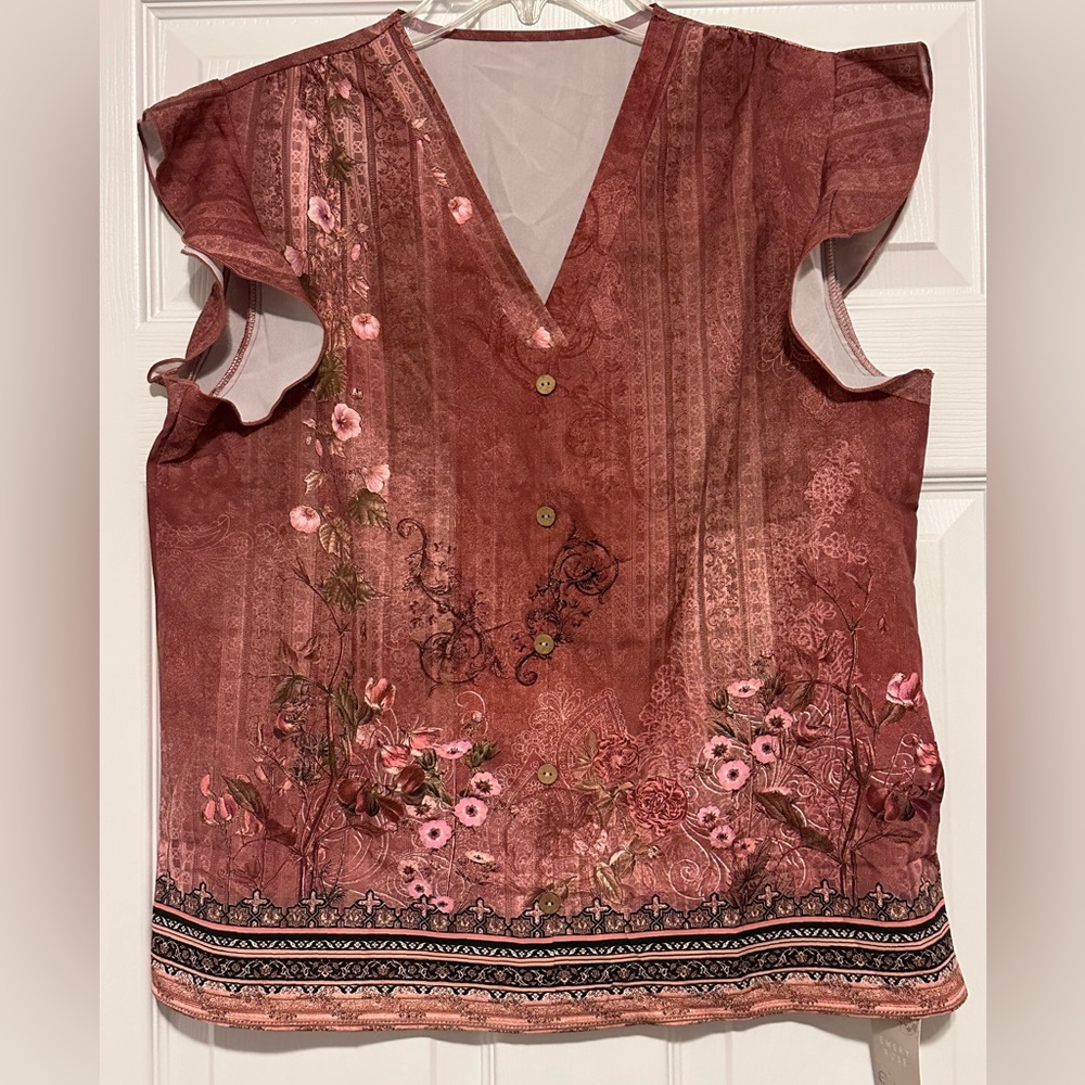 Floral V-Neck Button-Front Top in Rust